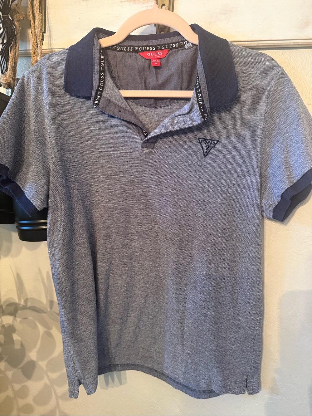 GUESS Men's Gray Polo with Navy Collar and Sleeve Trim